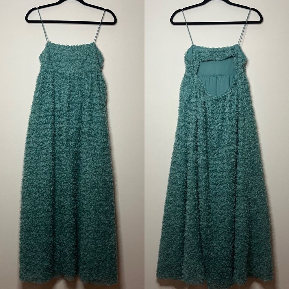 ZARA Textured Weave Sea Foam Green Floral Spaghetti Strap Summer Midi Dress - Picture 3 of 10